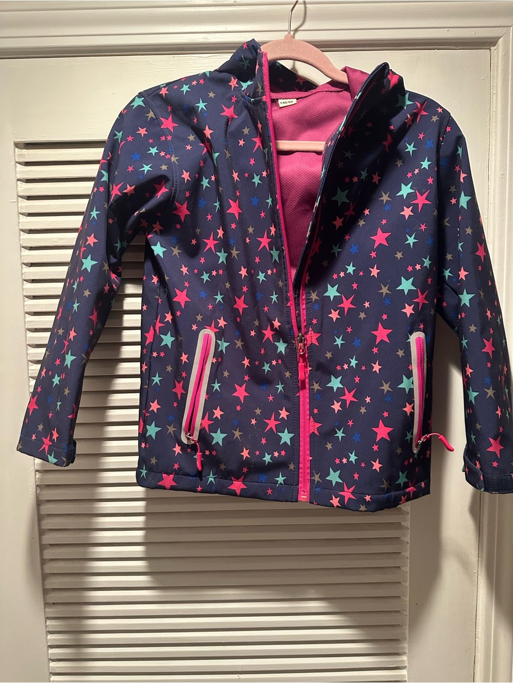 Girls' Navy Star Print Rain Jacket with Pink Lining
